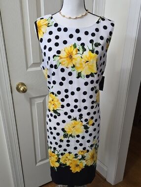 ALYX DRESS WOMEN'S PLUS BLACK & WHITE FLORAL POLKA-DOT SLEEVELESS DRESS SIZE 16
